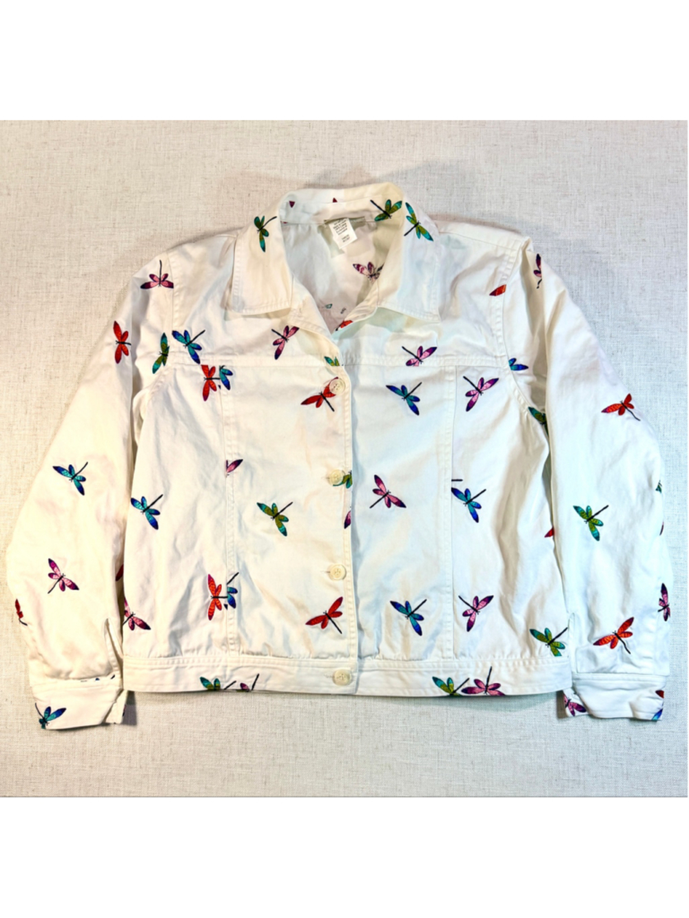 Coldwater Creek White Cotton Trucker Jacket Embroidered Dragonflies Size L